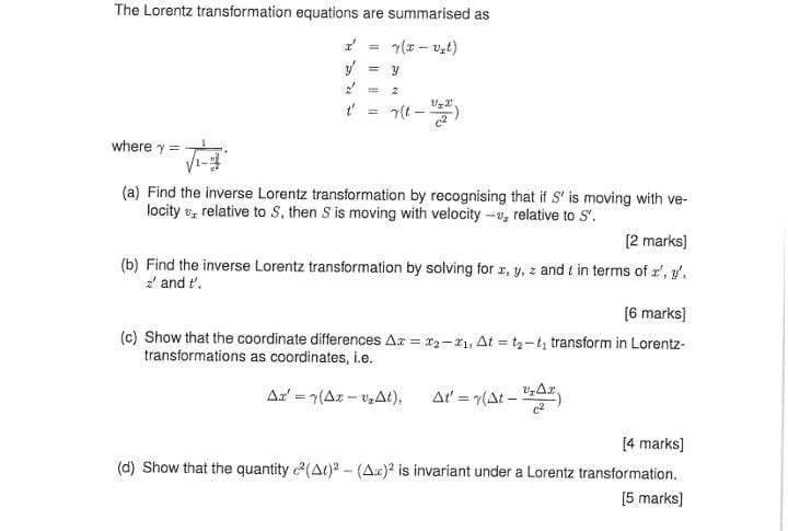 Solved The Lorentz transformation equations are summarised | Chegg.com