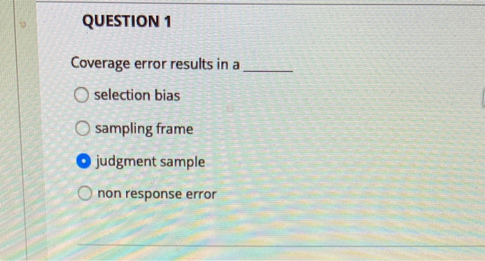 Solved Question 1 Coverage Error Results In A Selection Bias Chegg Com