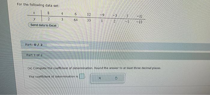 Solved For the following data set: Part: 0/2 Part 1 of 2 (a) | Chegg.com