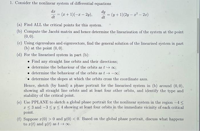 Solved 1. Consider the nonlinear system of differential | Chegg.com