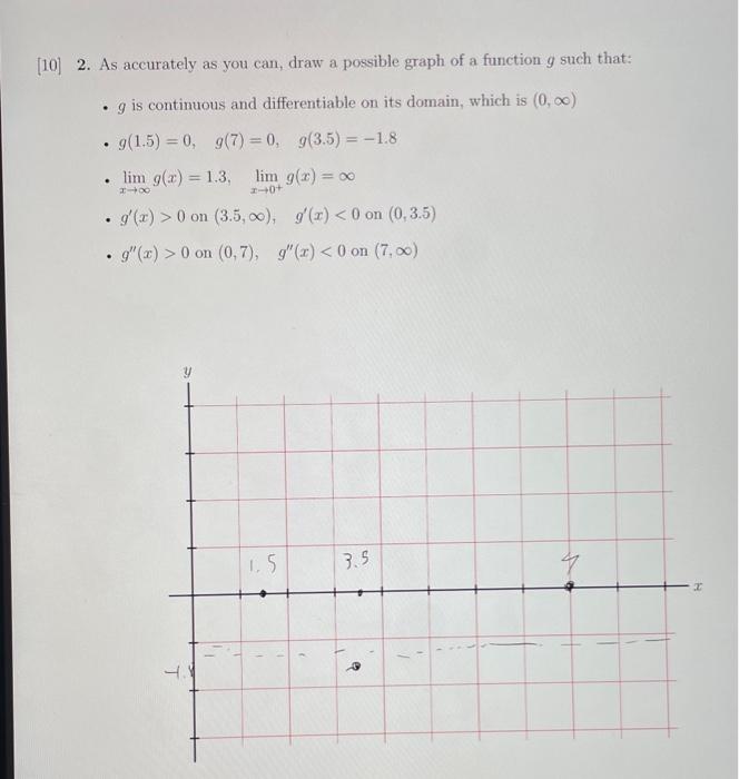 10] 2. As accurately as you can, draw a possible graph of a function \( g \) such that:
- \( g \) is continuous and different