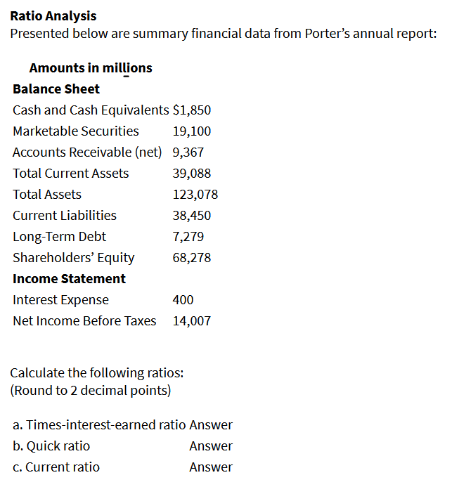 Solved Ratio Analysis Presented below are summary financial | Chegg.com