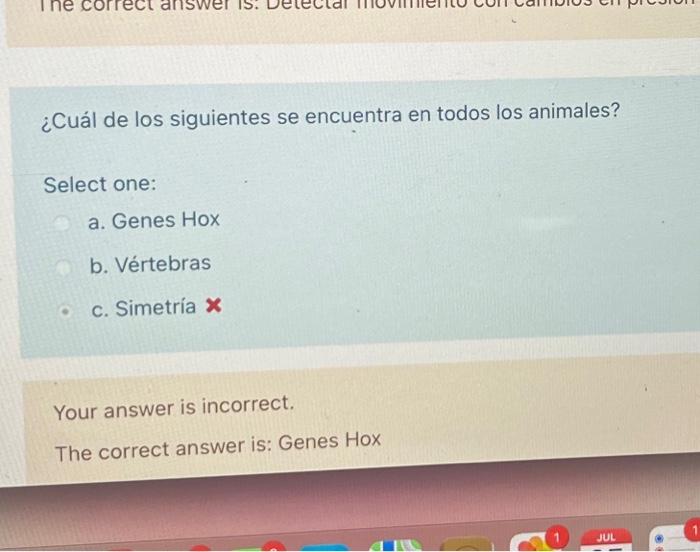 ¿Cuál de los siguientes se encuentra en todos los animales? Select one: a. Genes Hox b. Vértebras c. Simetría Your answer is