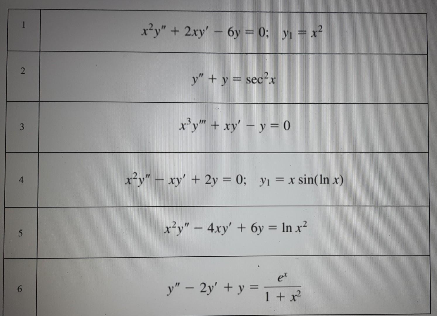 \begin{tabular}{|c|c|} \hline 1 & \( x^{2} y^{\prime \prime}+2 x y^{\prime}-6 y=0 ; \quad y_{1}=x^{2} \) \\ \hline 2 & \( y^{