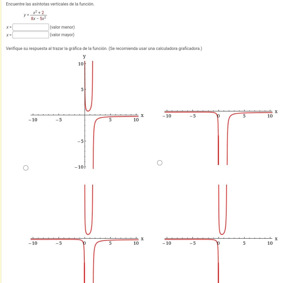 Encuentre las asíntotas verticales de la función. \[ y=\frac{x^{2}+2}{8 x-5 x^{2}} \] \[ \begin{array}{ll} x= & \text { (valo