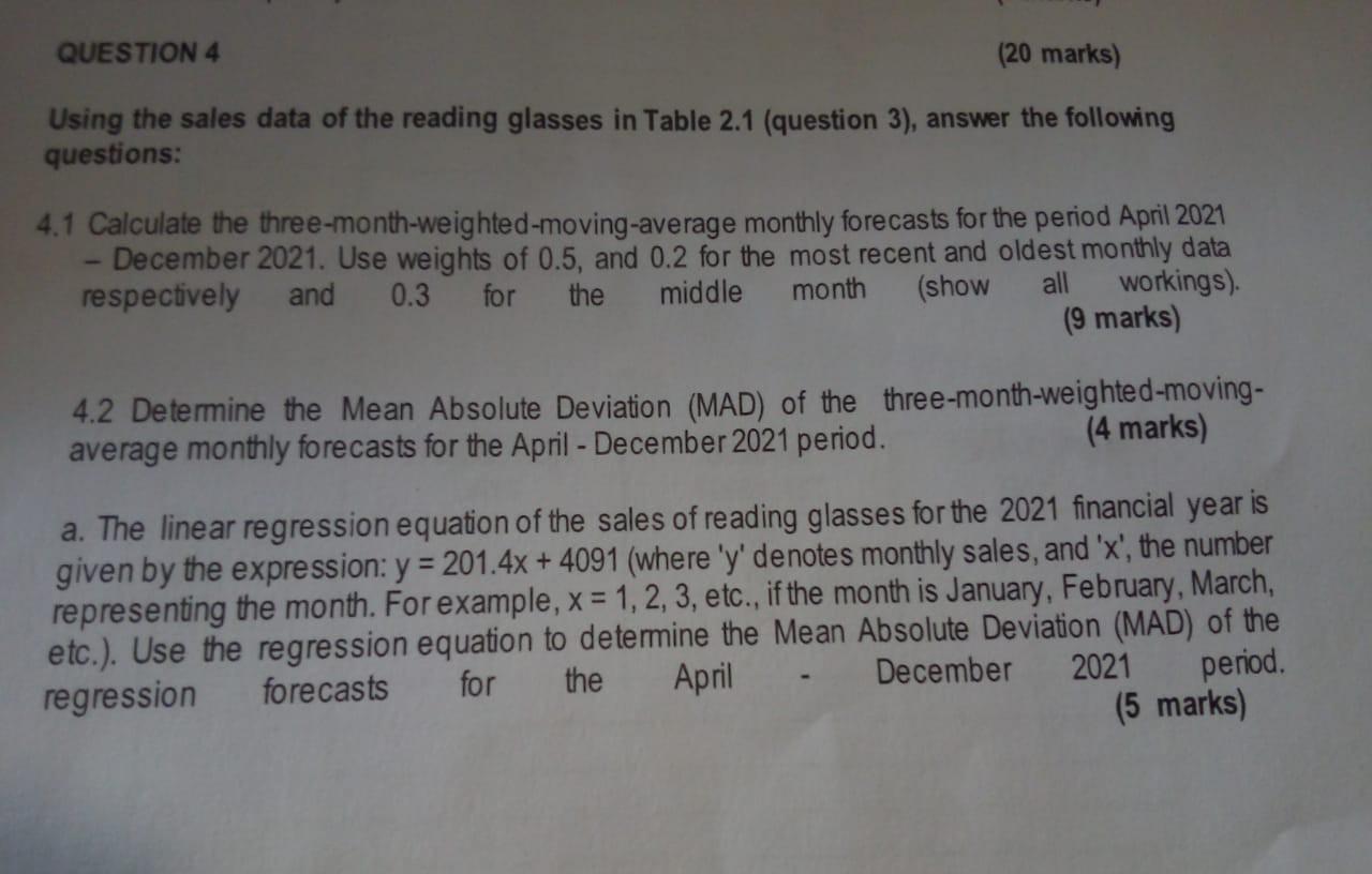 Using the sales data of the reading glasses in Table | Chegg.com