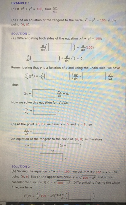 Solved Example 1 A If X2 Y2 100 Find Oy B Find A Chegg Com