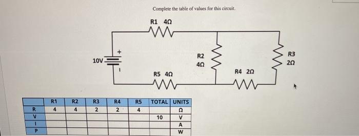 Solved Complete the table of values for this circuit R1 402 | Chegg.com