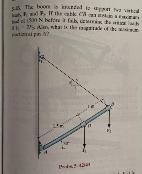 5-13. The boom is intended to support two vertical loads, \( \mathbf{F}_{1} \) and \( \mathbf{F}_{2} \). If the cable \( C B 