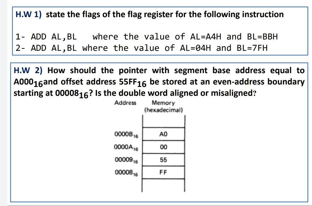Solved H.W 1) state the flags of the flag register for the | Chegg.com