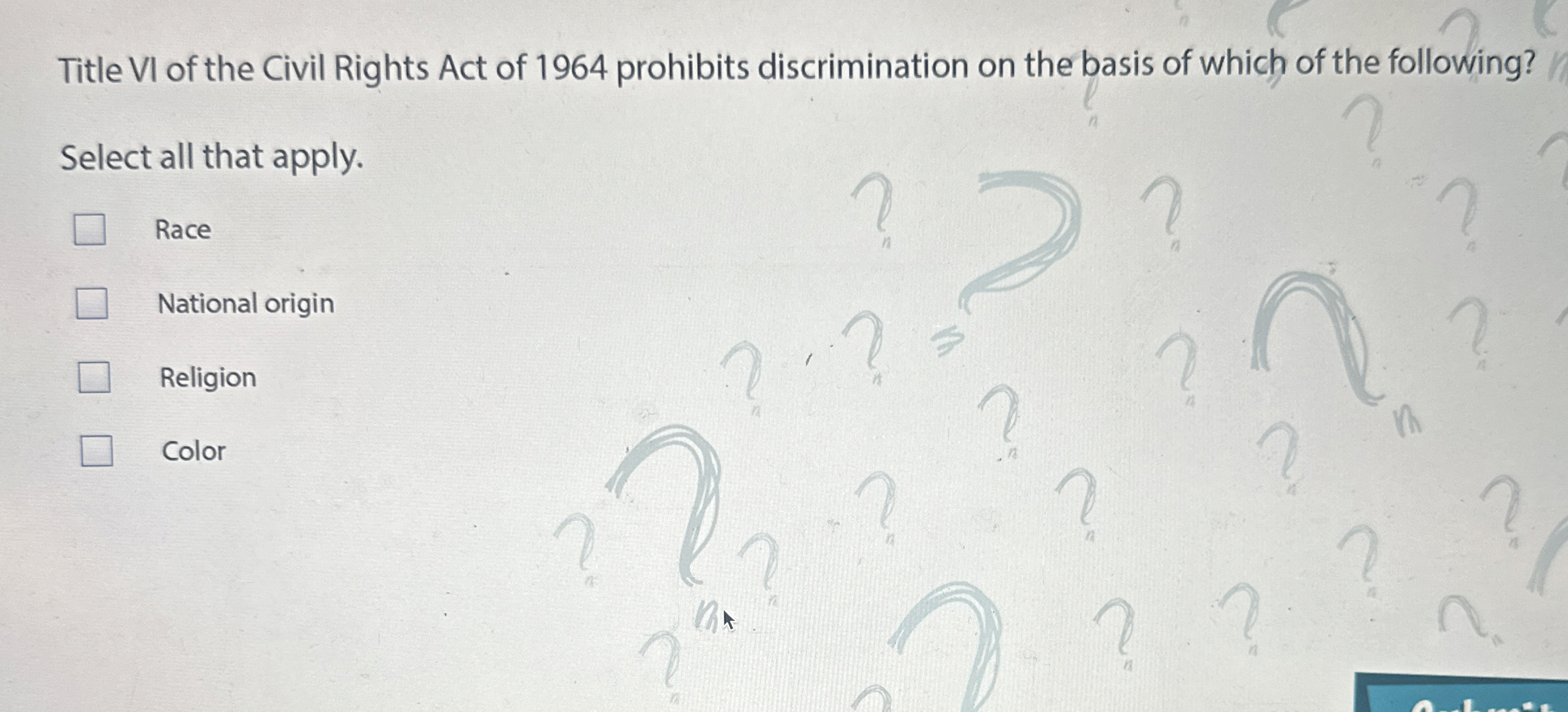 Solved Title VI of the Civil Rights Act of 1964 ﻿prohibits | Chegg.com