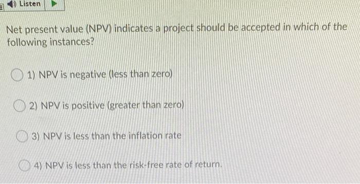 Solved Listen Net present value (NPV) indicates a project | Chegg.com