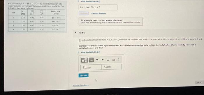 Solved For The Reaction A+B-C-D-E The Initial Reaction Rate | Chegg.com