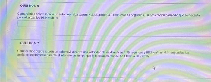 Comerzando desde reposo un automóvil alcanza una velocidad de \( 98.9 \mathrm{kmh} \) en \( 8.51 \) segundos. La aceleración