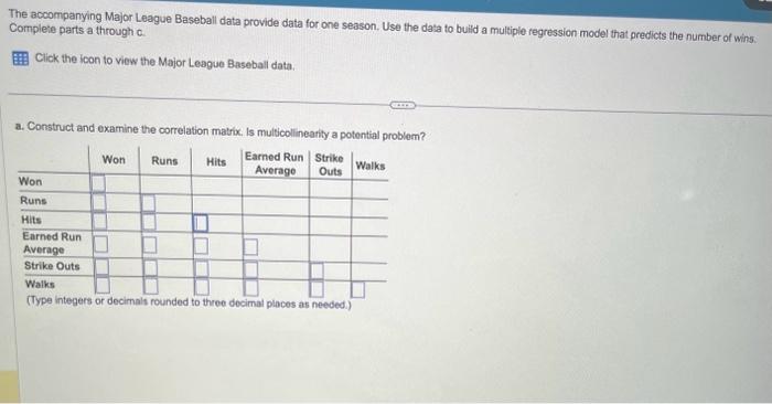 Solved The accompanying Major League Baseball data provide | Chegg.com