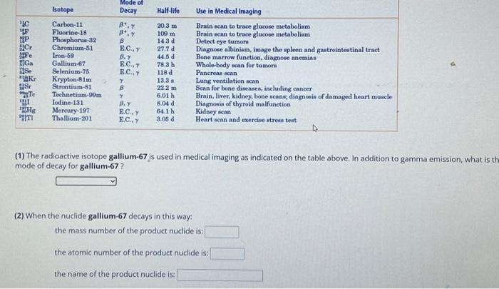 Solved (1) The radioactive isotope gallium-67 is used in | Chegg.com