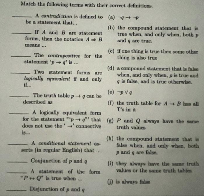 Solved Match The Following Terms With Their Correct | Chegg.com