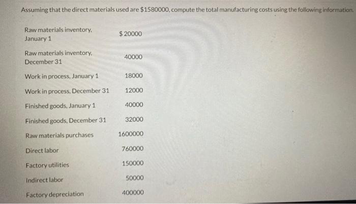 Solved Assuming That The Direct Materials Used Are $1580000, | Chegg.com