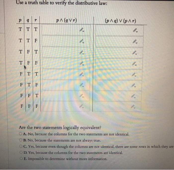 Solved Use a truth table to verify the distributive law: P | Chegg.com