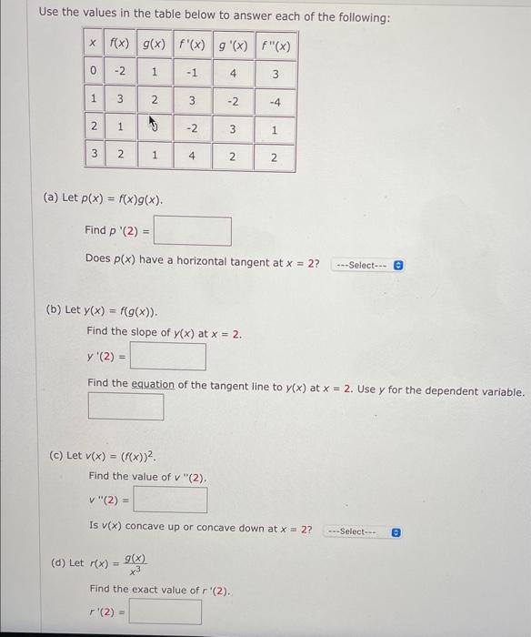 Solved Use the values in the table below to answer each of | Chegg.com