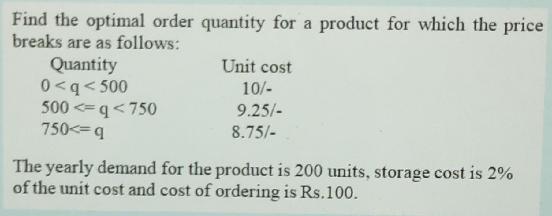 Solved Find the optimal order quantity for a product for | Chegg.com