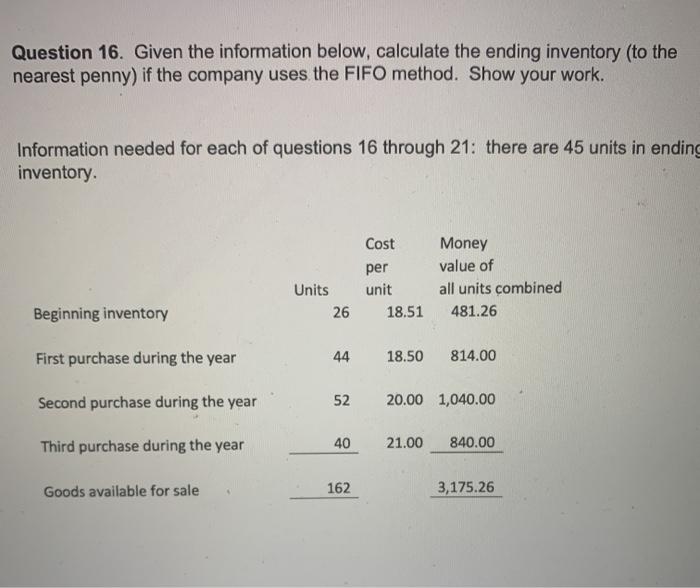 Solved Question 16. Given The Information Below, Calculate | Chegg.com