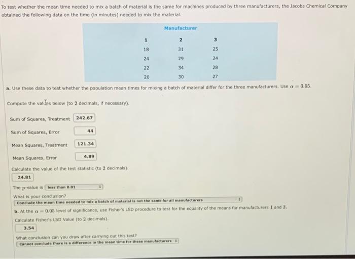 Solved To test whether the mean time needed to mix a batch