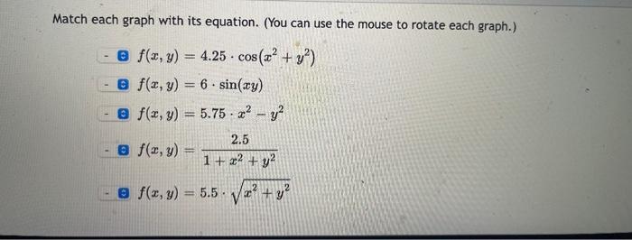 Match each graph with its equation. (You can use the mouse to rotate each graph.)
e f(x, y) = 4.25 - cos(x² + y²)
e f(x, y) =