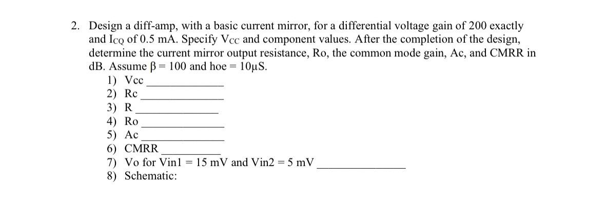 Solved Design a diff-amp, with a basic current mirror, for a | Chegg.com