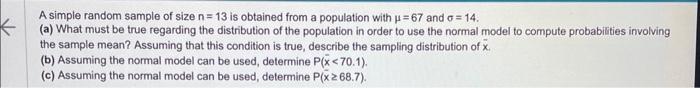 Solved A simple random sample of size n=13 is obtained from | Chegg.com