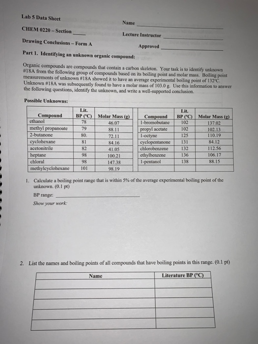 Solved Lab 5 Data Sheet Name CHEM 0220 Section Lecture