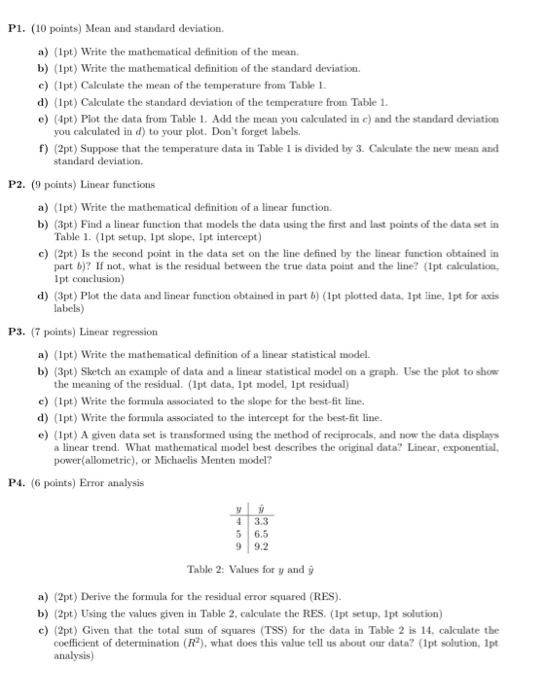 Solved Use the dataset in Table 1 for the problems listed | Chegg.com