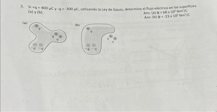 5. \( \mathrm{Si}+\mathrm{q}=400 \mu \mathrm{C} \mathrm{y}-\mathrm{q}=-300 \mu \mathrm{C} \), utilizando la Ley de Gauss, det