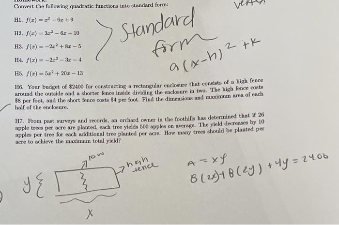 Solved ver > Standard form Convert the following quadratic | Chegg.com