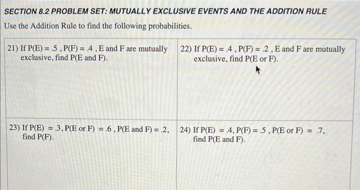 Solved SECTION 8.2 PROBLEM SET: MUTUALLY EXCLUSIVE EVENTS | Chegg.com