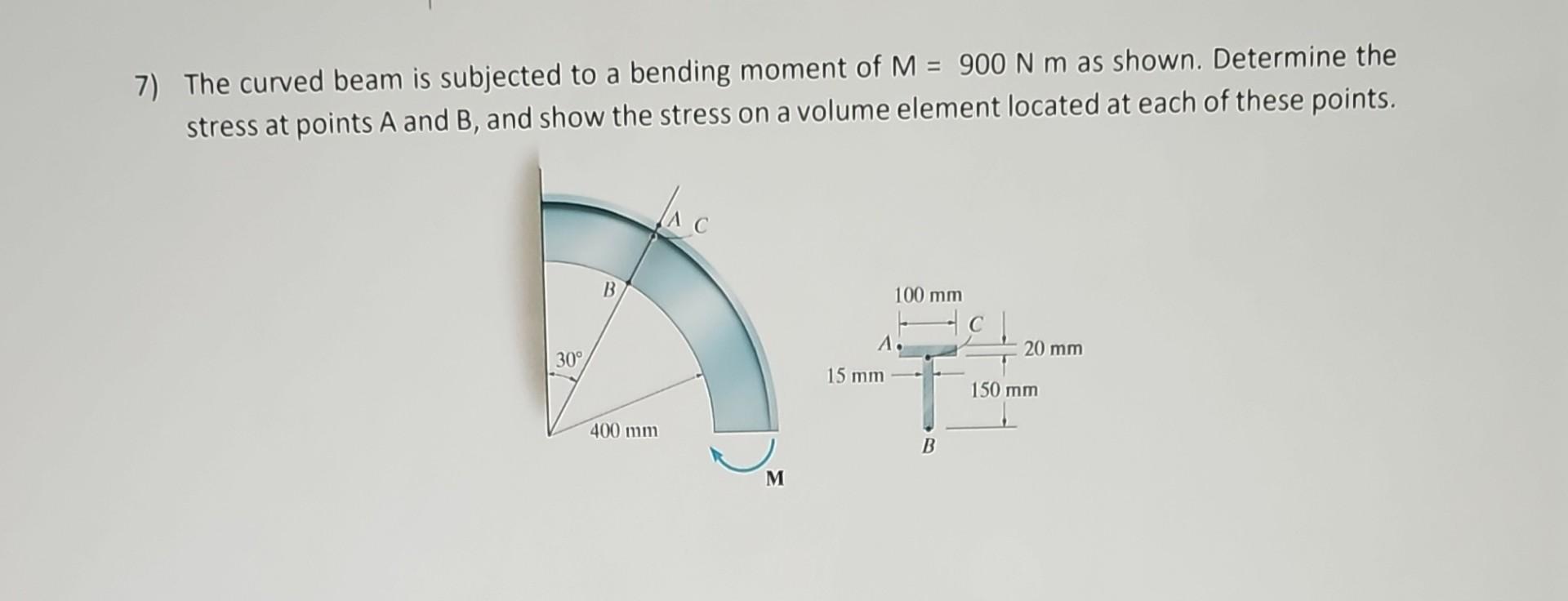 The curved beam is subjected to a bending moment of \( \mathrm{M}=900 \mathrm{~N} \mathrm{~m} \) as shown. Determine the stre