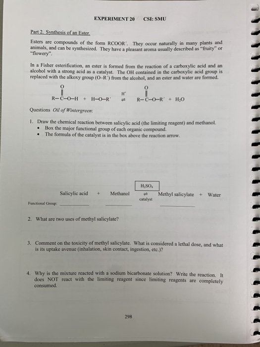 Solved EXPERIMENT 20 CSI: SMU Part 2 Synthesis of an Ester. | Chegg.com
