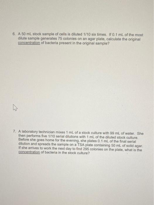 Solved 6. A 50 mL stock sample of cells is diluted 1/10 six | Chegg.com