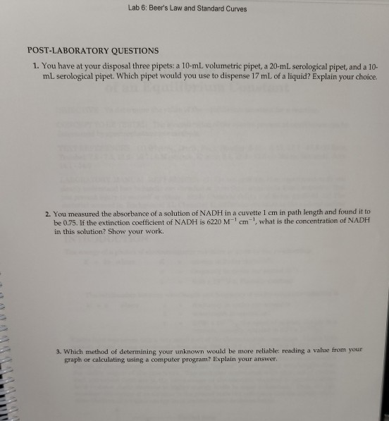 Solved Lab 6 Beer's Law and Standard Curves POSTLABORATORY