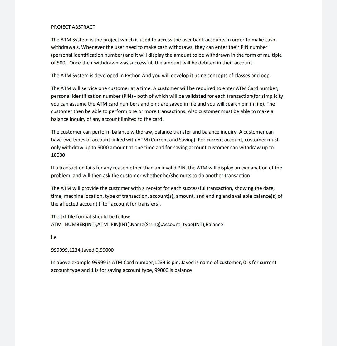 Solved PROJECT ABSTRACT The ATM System is the project which | Chegg.com