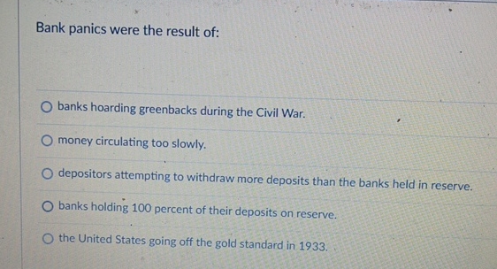 Solved Bank panics were the result of:banks hoarding | Chegg.com