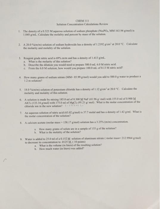 Solved CHEM 111 Solution Concentration Calculations Review | Chegg.com