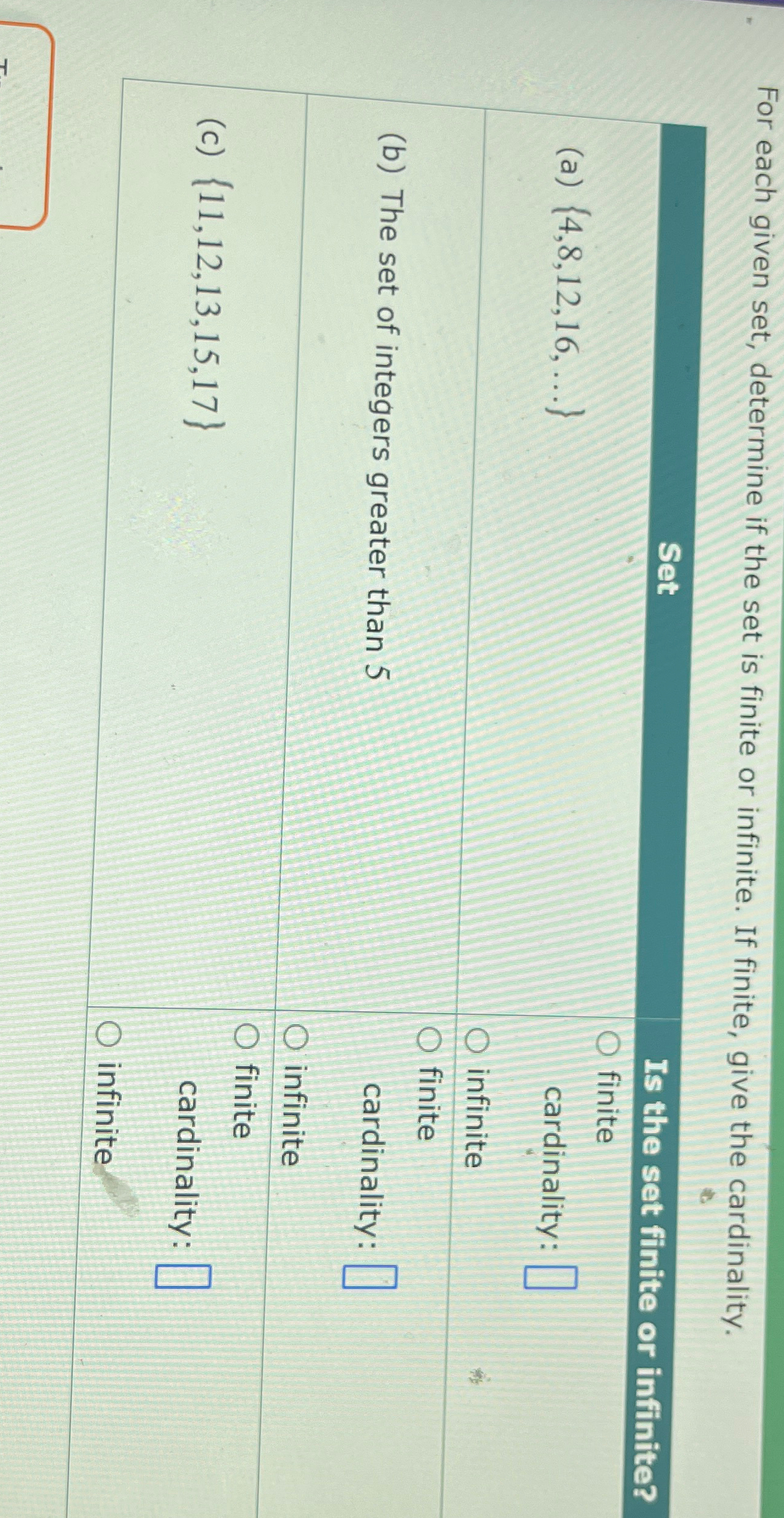 Solved For each given set, determine if the set is finite or | Chegg.com