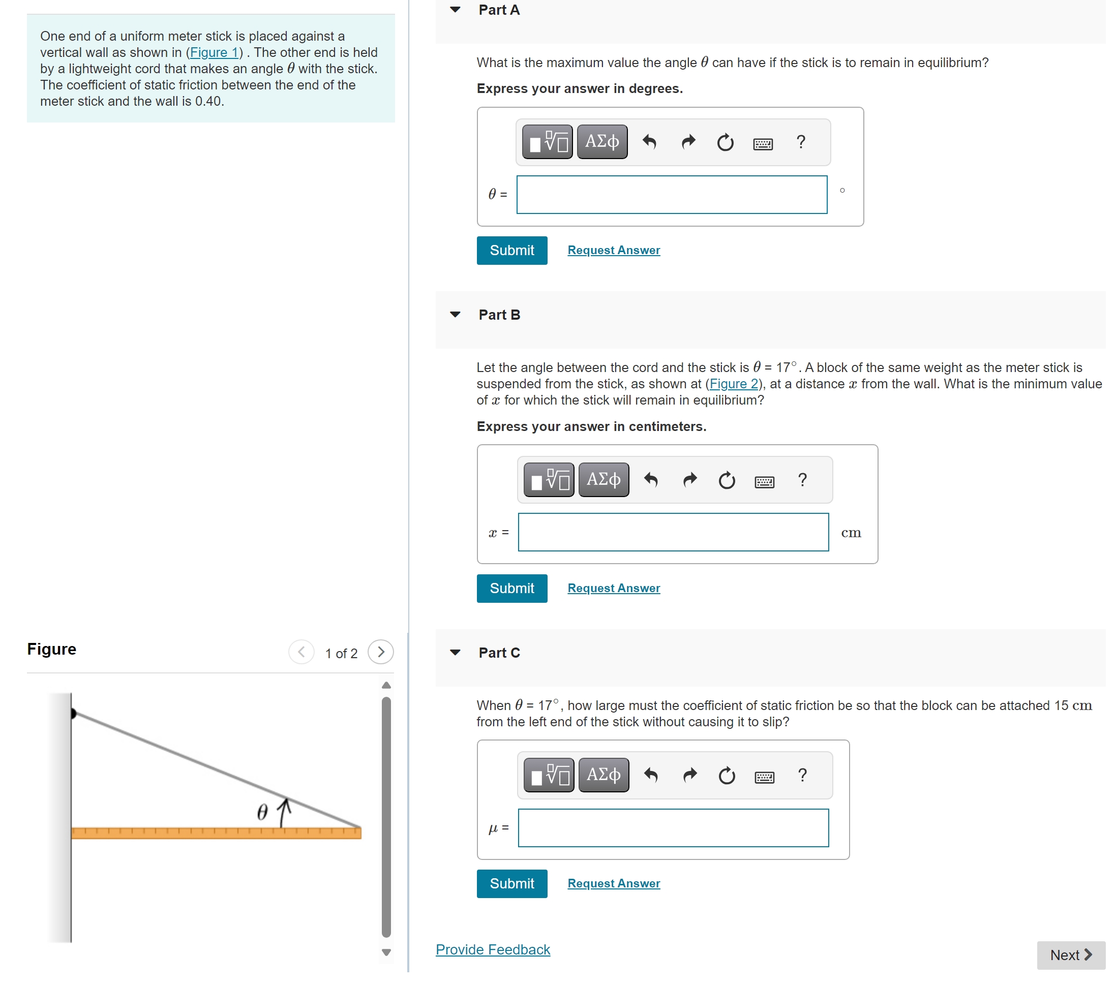 Solved One end of a uniform meter stick is placed against | Chegg.com