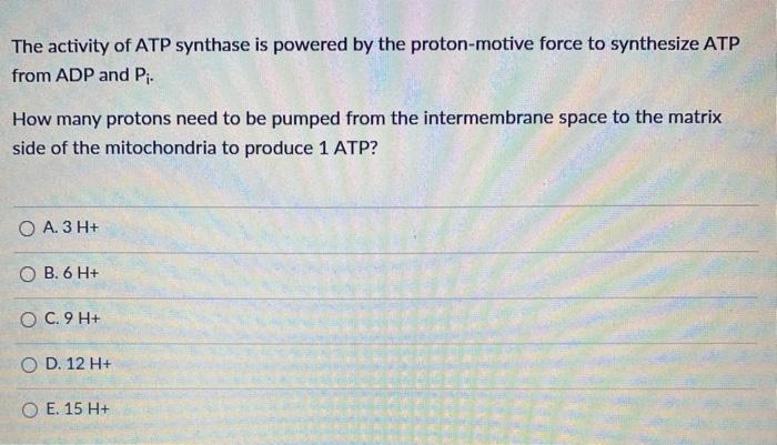 The activity of ATP synthase is powered by the proton-motive force to synthesize ATP from ADP and P: How many protons need to