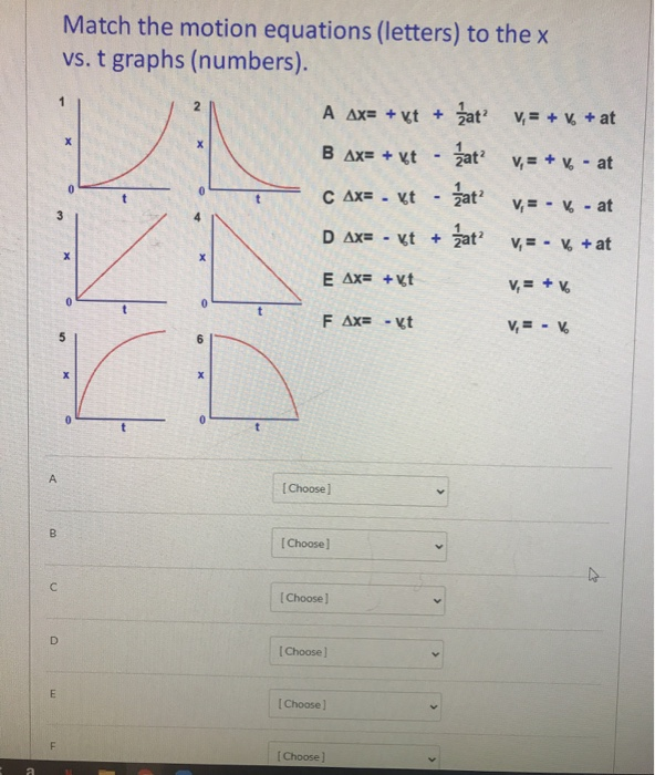 Solved Match The Motion Equations Letters To The X Vs Chegg Com