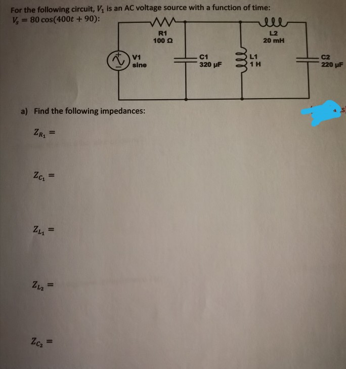 Solved For the following circuit, V, is an AC voltage source | Chegg.com