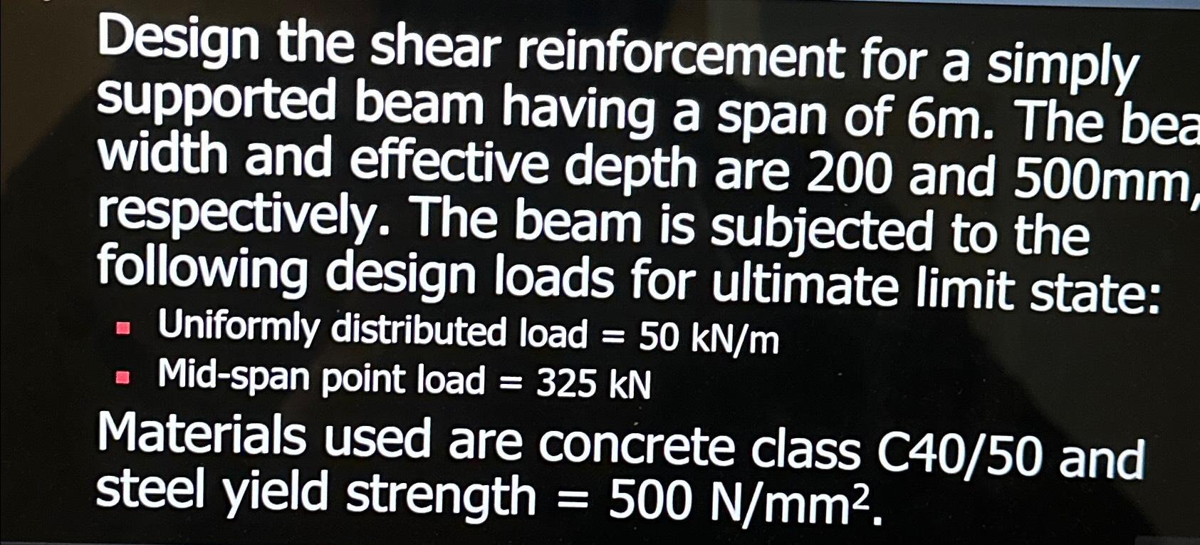 Solved Design the shear reinforcement for a simply supported | Chegg.com