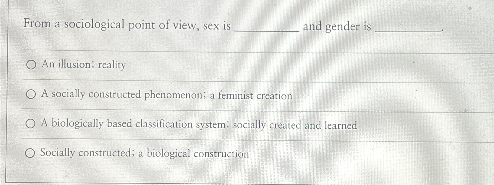 Solved From a sociological point of view, sex is and gender | Chegg.com