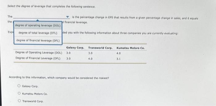 Solved Select the degree of leverage that completes the | Chegg.com